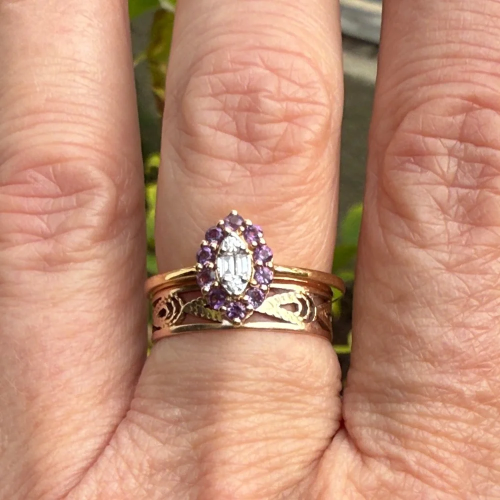 New in box 18K Gold Natural Diamonds and Natural Amethyst Gemstone Ring
